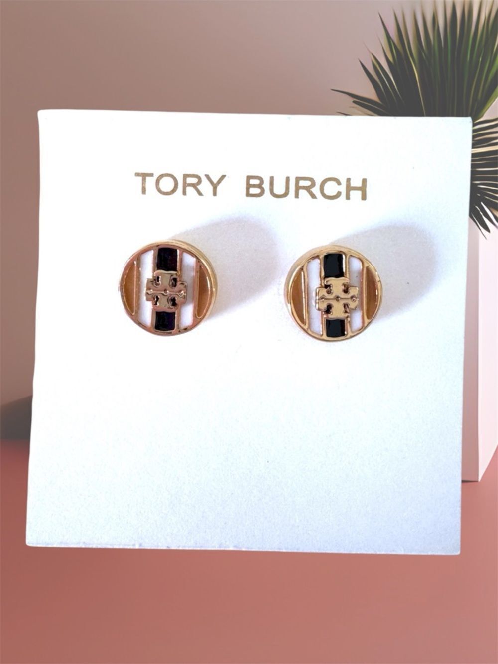 Tory Burch Brown/Orange, Black and Gold Enamel Logo Stud Earrings